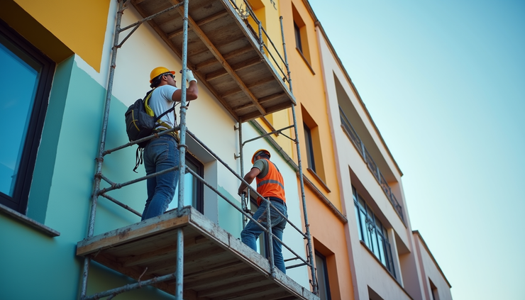Eye-level view of a commercial building exterior being painted with scaffolding and painters at work