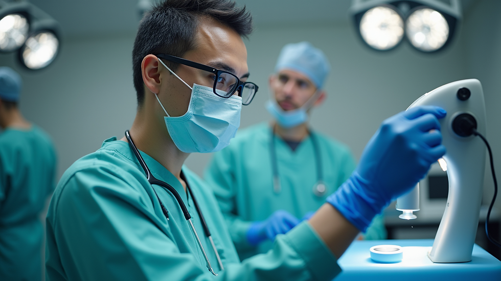 Eye-level view of a healthcare professional examining medical equipment