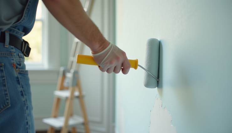 Close-up view of a painter applying a smooth coat of paint on an interior commercial wall with a roller