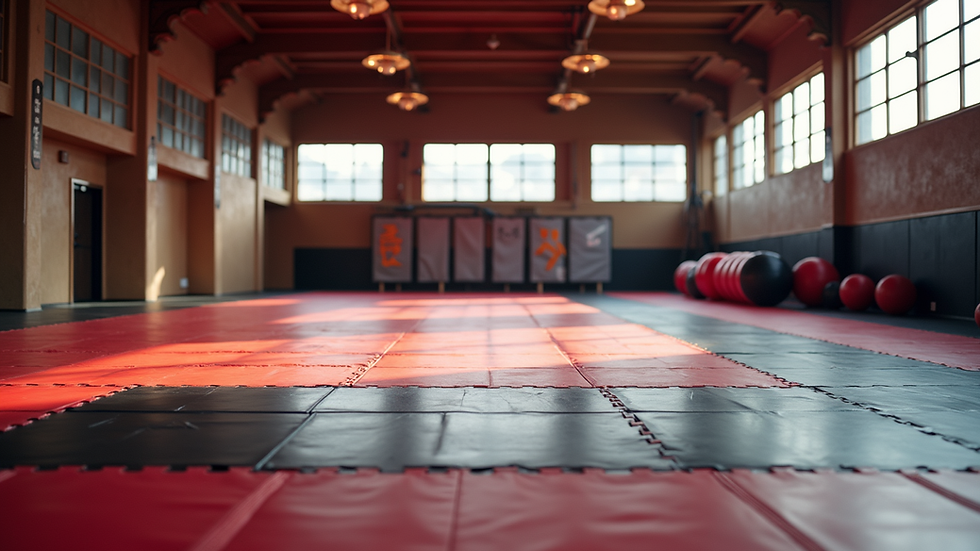 Eye-level view of a martial arts dojo with training mats and equipment