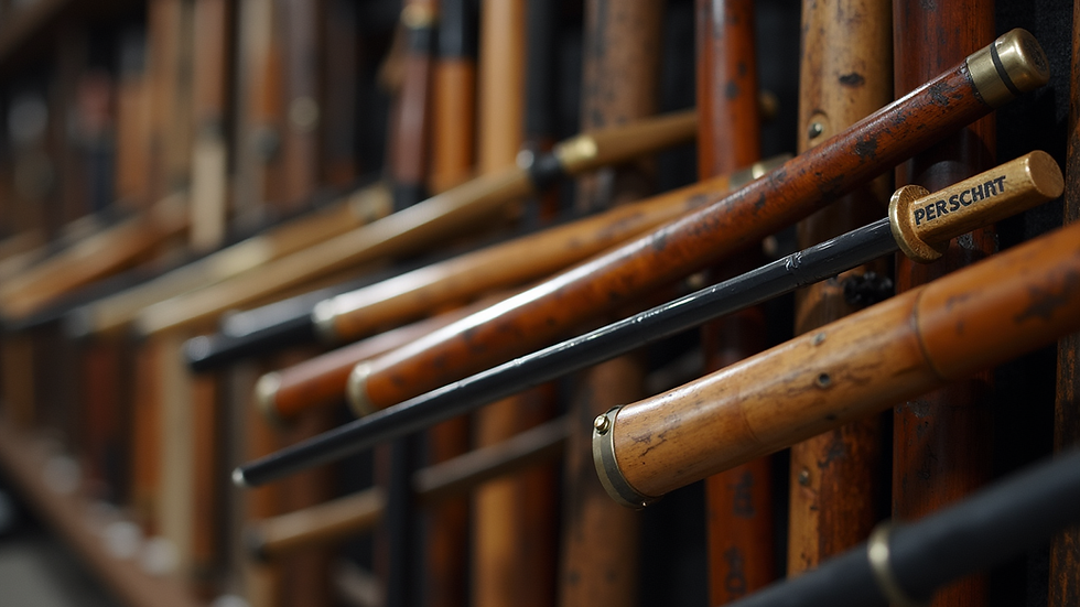 Eye-level view of wooden martial arts weapons displayed on a rack