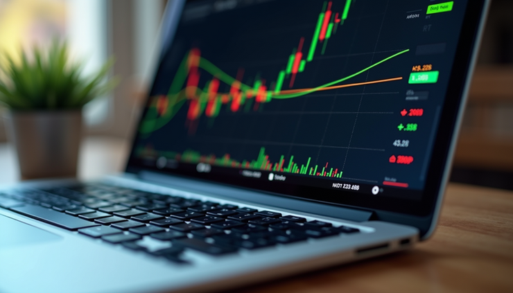 Eye-level view of a laptop screen showing Bitcoin and XRP price charts