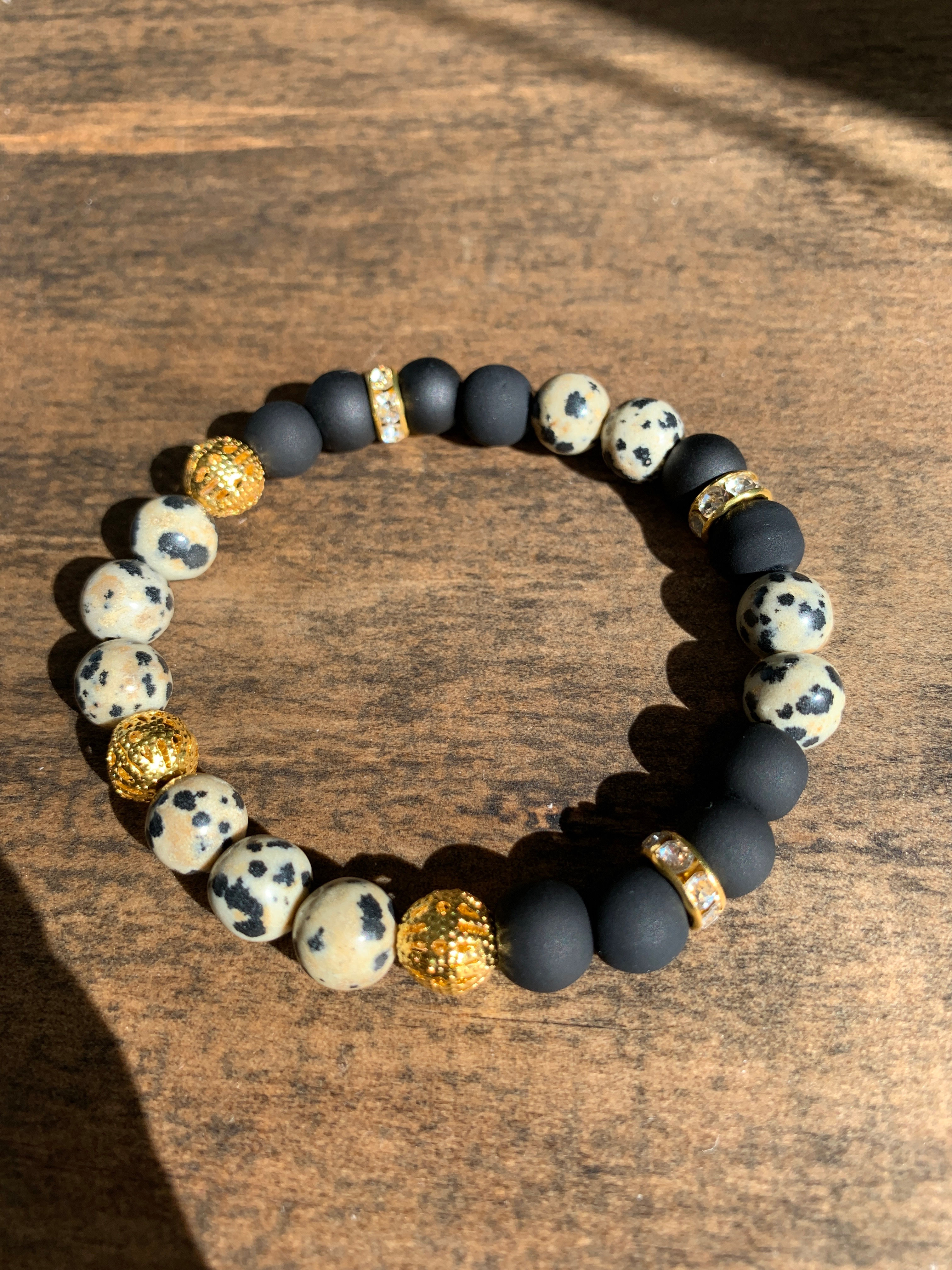 Dalmation Jasper with Matte Black Glass Beads 8mm