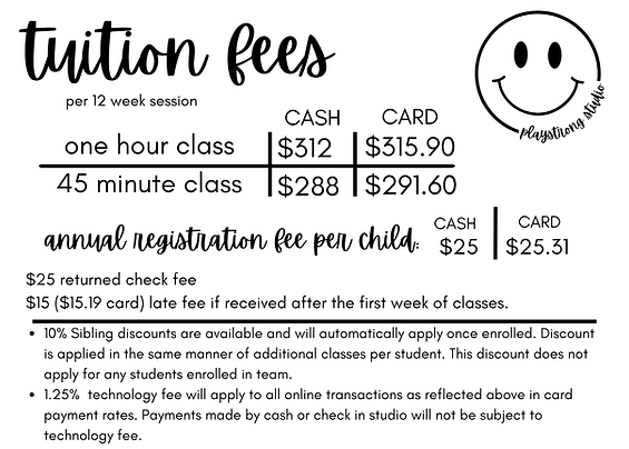 tuition fee information including $25 registration fee, $288 for 45 min classes and $312 for 1hr class