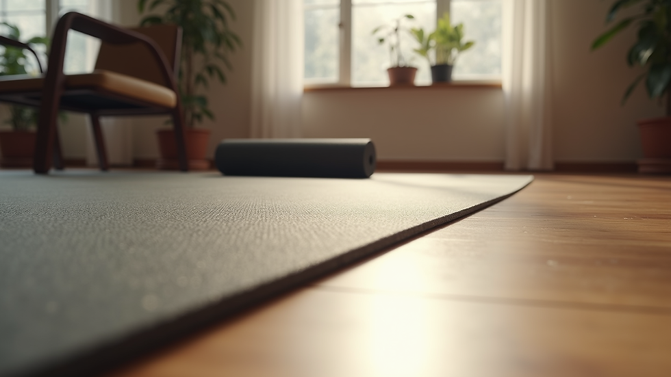 Eye-level view of a yoga mat on a wooden floor