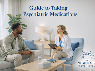 Medication management in psychiatry with a provider discussing treatment options in a calm, modern mental health clinic in Colorado.