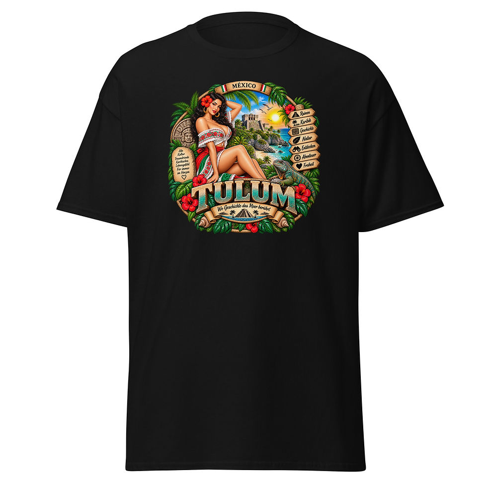 Tulum T-Shirt Design mit mexikanischem Pin-up, Maya-Ruinen, Karibik, Palmen und Leguan