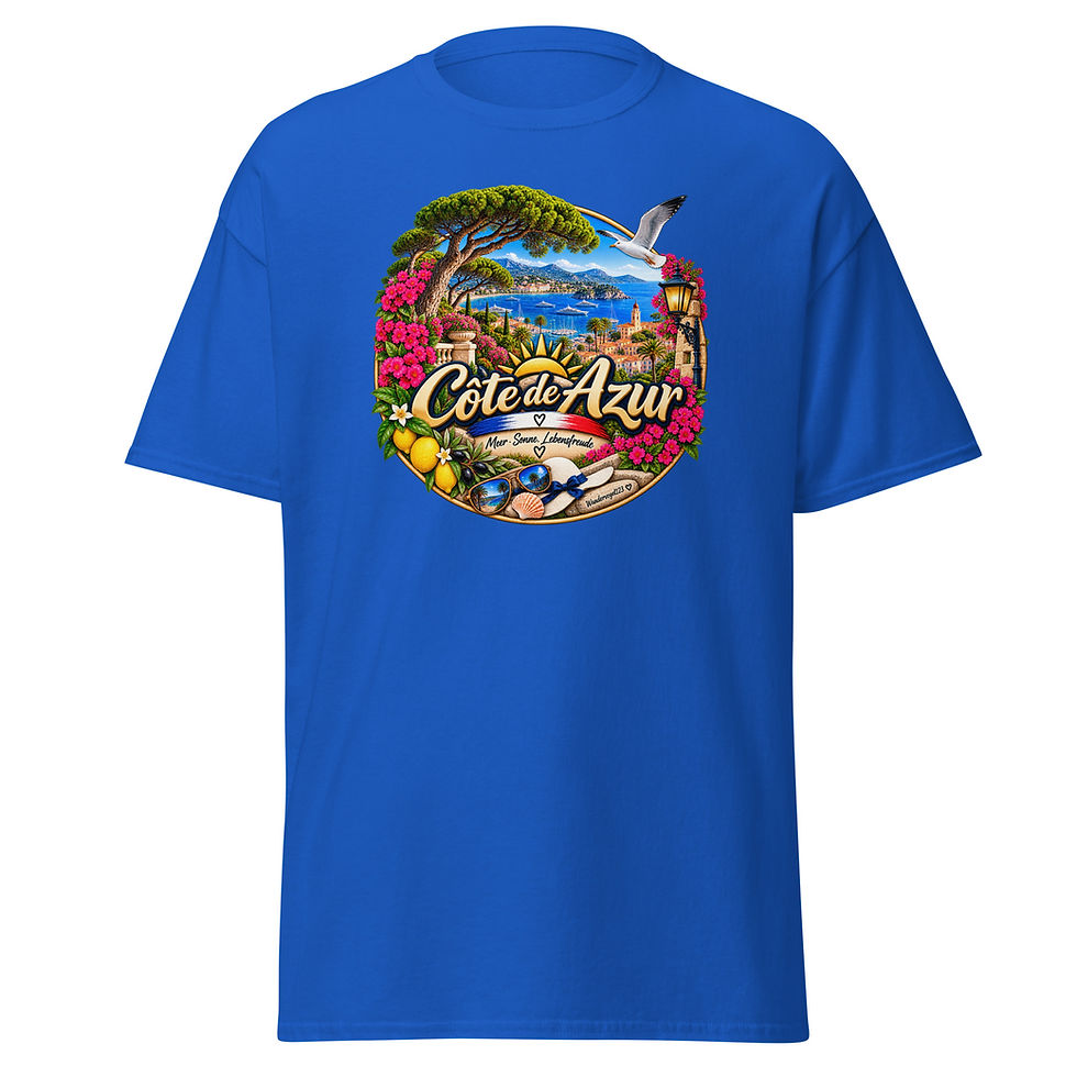 Miniaturbild: Rundes Côte d’Azur T-Shirt Design mit französischer Riviera, Mittelmeer, Yachten und Palmen