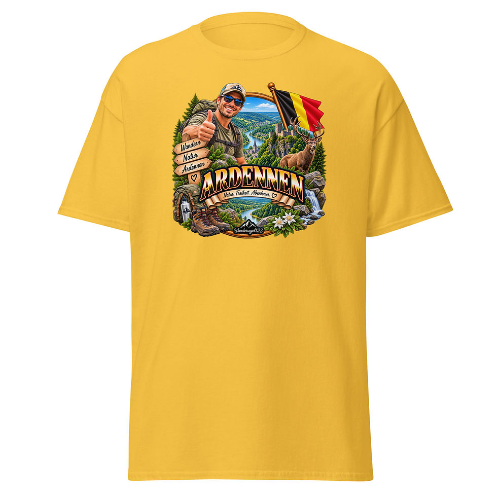 Thumbnail: Ardennen T-Shirt Design mit Wanderer, Rucksack, Hirsch, Flusstal, Wasserfall und belgischer Flagge