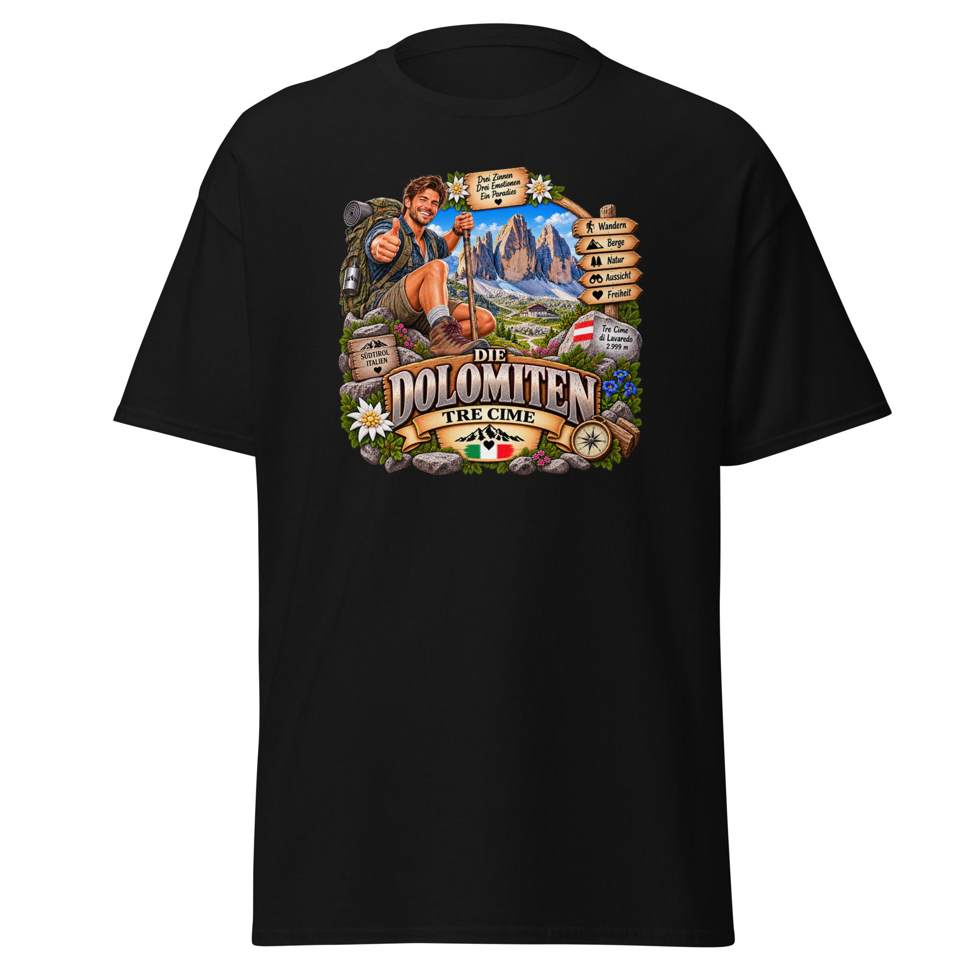 Dolomiten T-Shirt Design mit Tre Cime Drei Zinnen und Wanderer