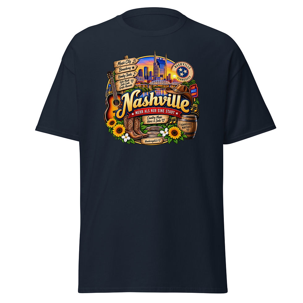 Nashville T-Shirt Design mit Skyline, Gitarre, Cowboyhut, Cowboystiefeln und Country Music