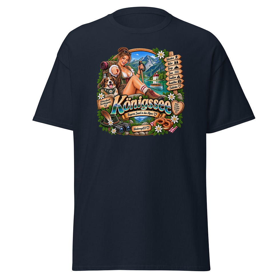 Königssee T-Shirt Design mit Wanderin, St. Bartholomä und bayerischer Alpenlandschaft