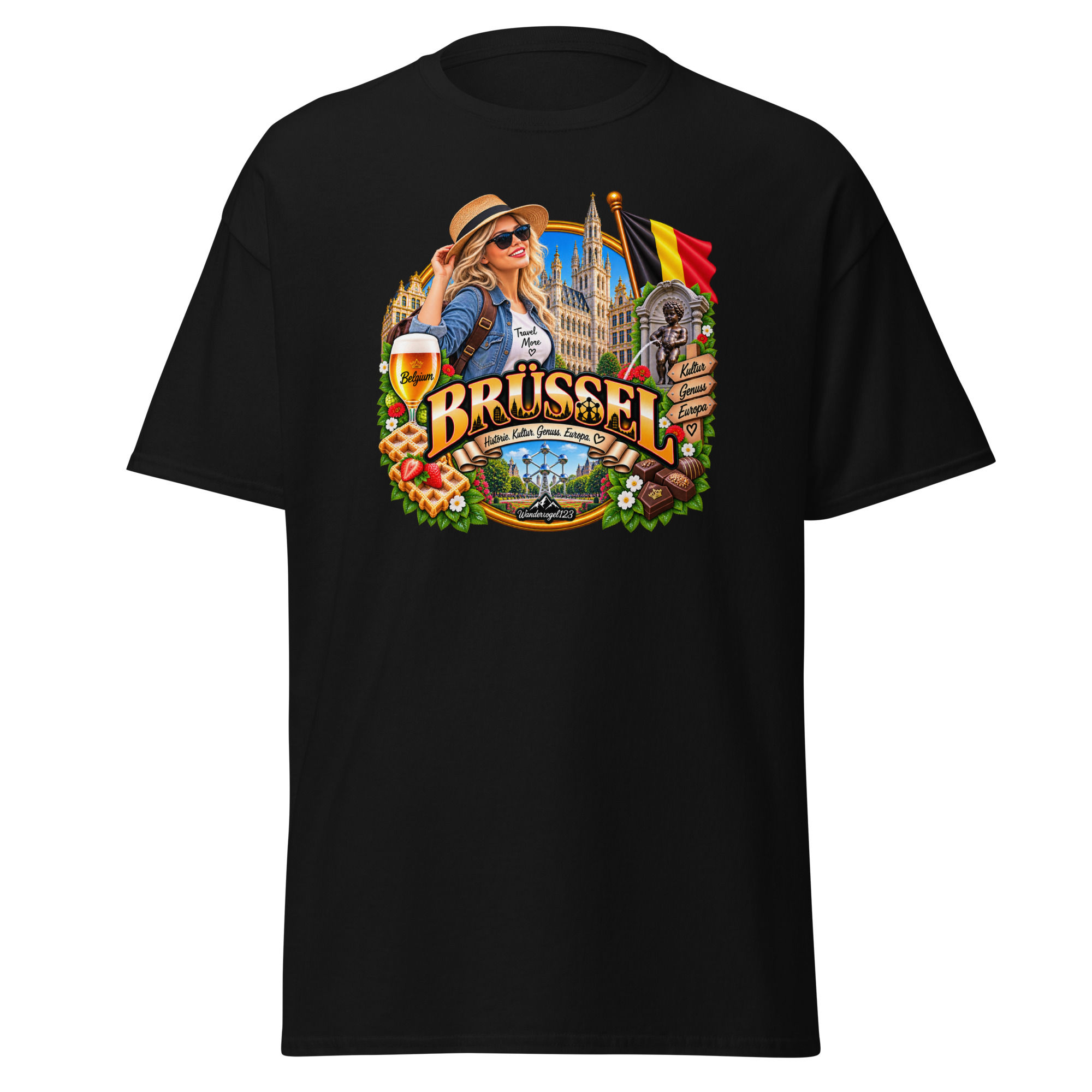 Brüssel T-Shirt Design mit Urlauberin, Atomium, Manneken Pis, belgischer Flagge, Waffeln, Schokolade und historischer Archite