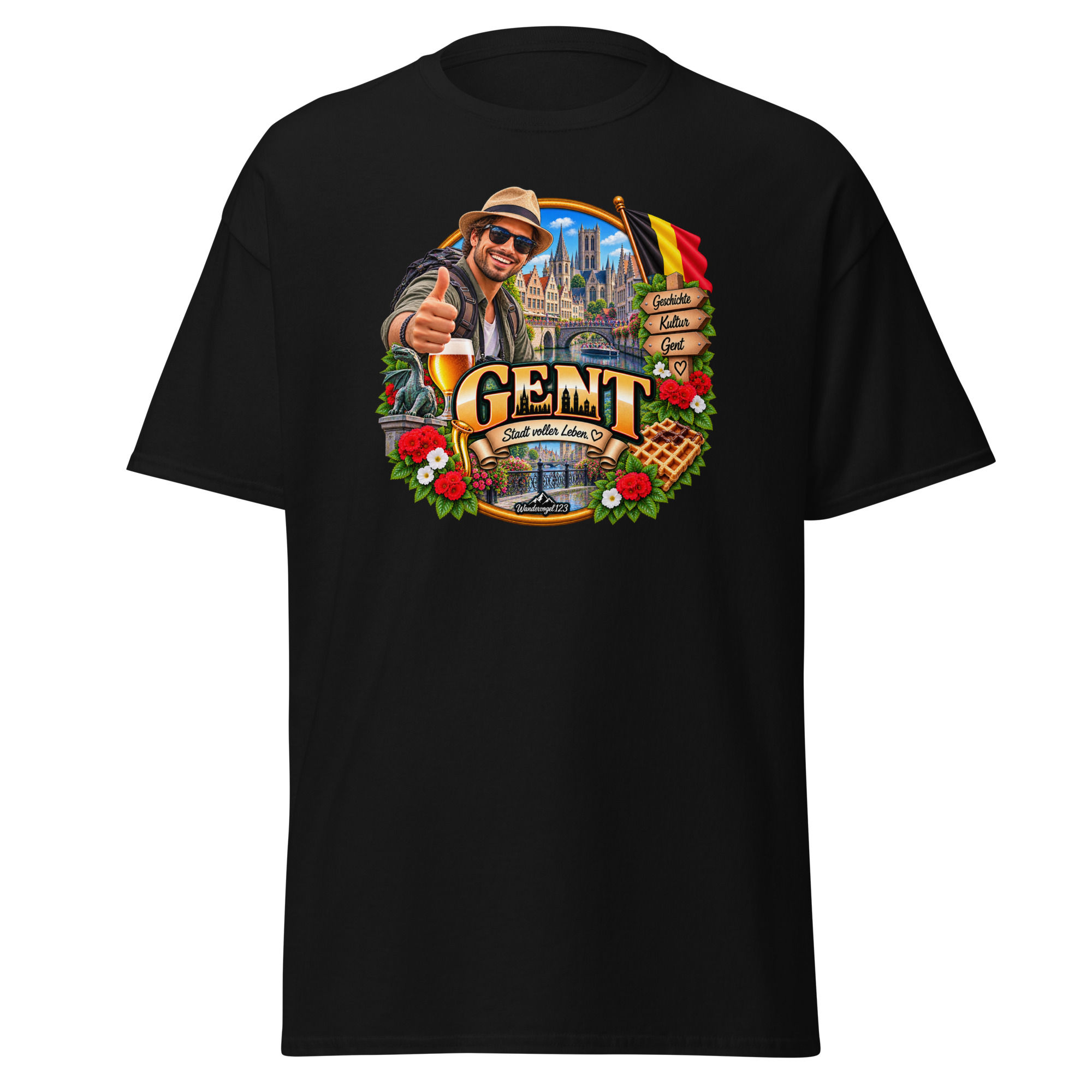 Gent T-Shirt Design mit Reisendem, historischen Häusern, Türmen, Wasserweg, belgischer Flagge und Waffeln