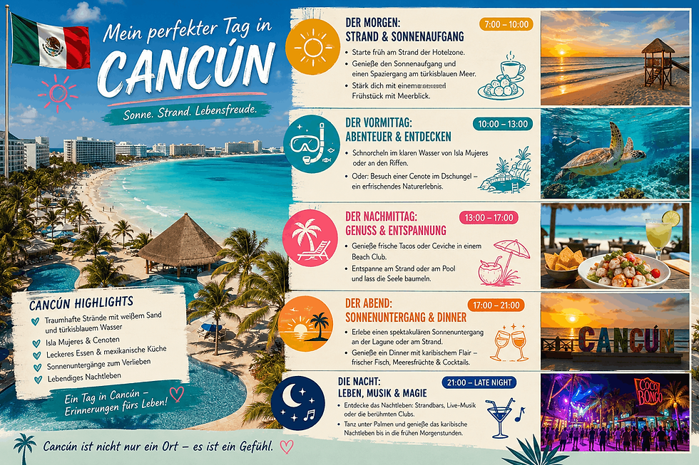 Infografik zu Mein perfekter Tag in Cancún mit Strand, Schnorcheln, Essen, Sonnenuntergang und Nachtleben.