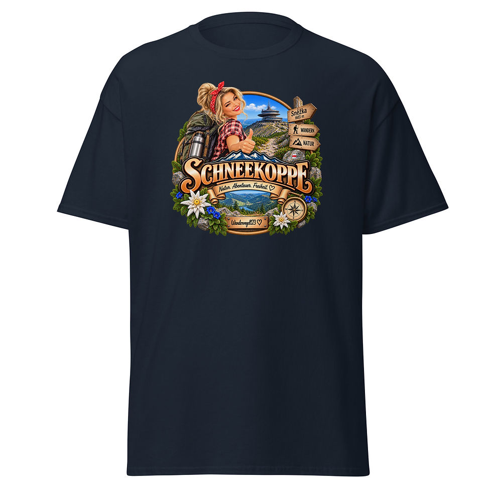 Schneekoppe T-Shirt Design mit Wanderin, Rucksack, Sněžka-Gipfel, Kompass und Berglandschaft im Riesengebirge
