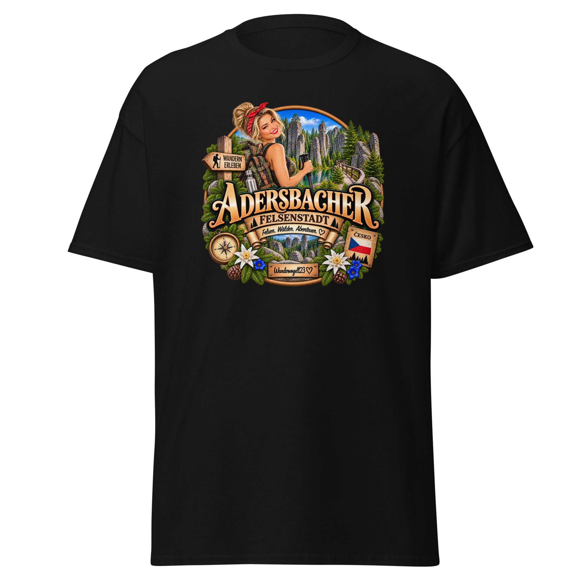 Adersbacher Felsenstadt T-Shirt Design mit Wanderin, Rucksack, Wanderstock und Sandsteinfelsen in Adršpach