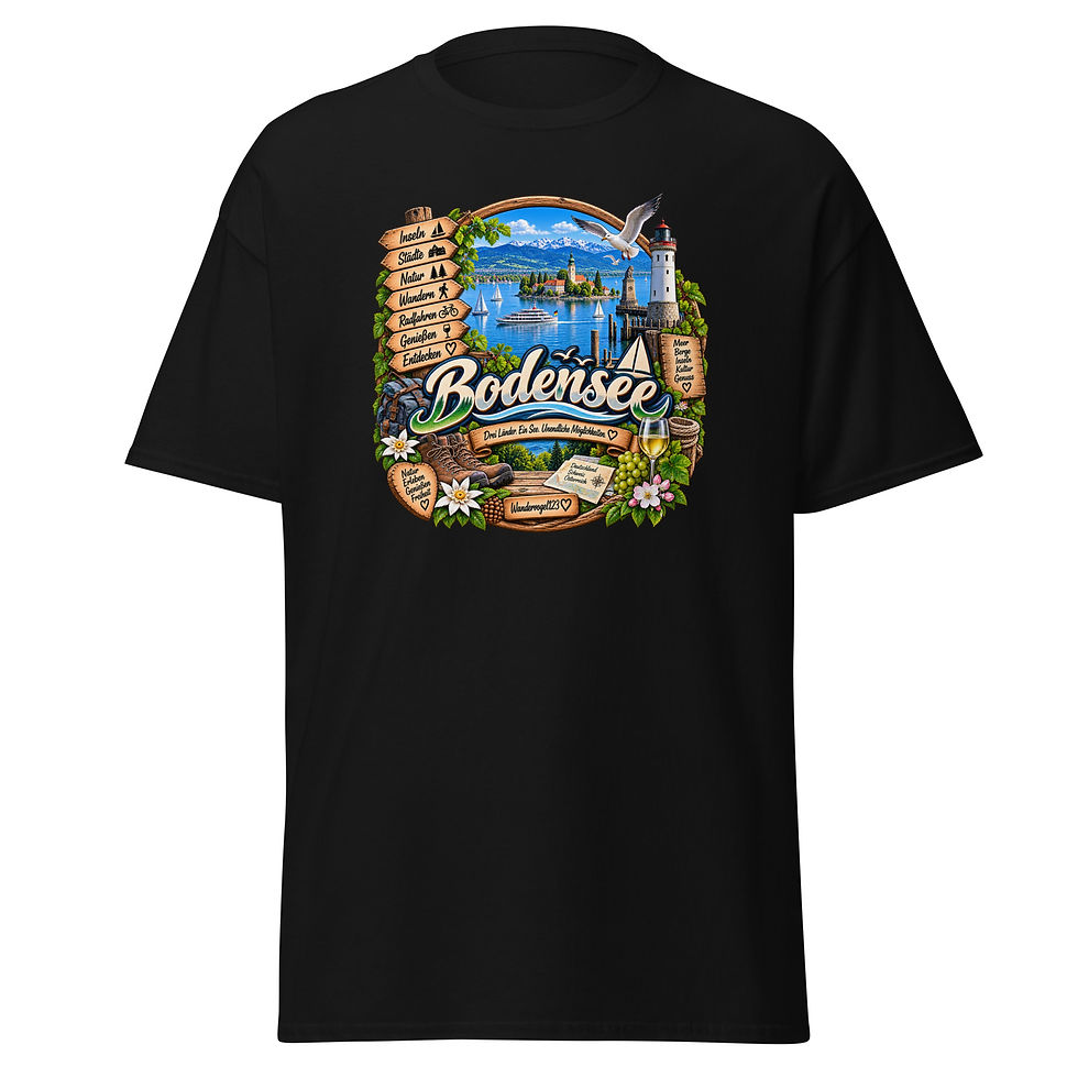 Bodensee T-Shirt Design mit Alpen, Segelbooten, Leuchtturm und Dreiländerregion