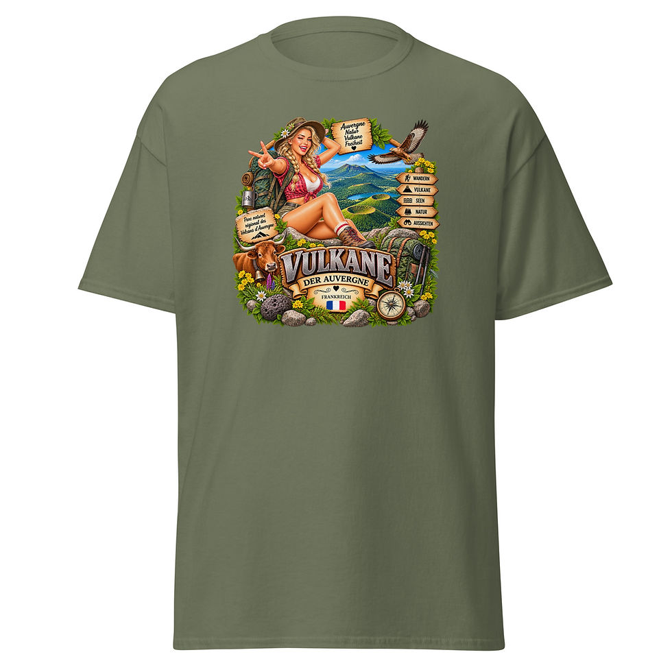 Miniaturbild: Vulkane der Auvergne T-Shirt mit Wanderin, grünen Vulkankegeln, Kraterseen und Auvergne-Rind