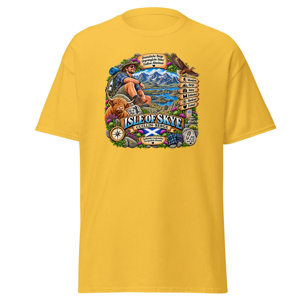 Miniatura: Isle of Skye T-Shirt Design mit Wanderer, Cuillin-Bergen und Highland-Rind