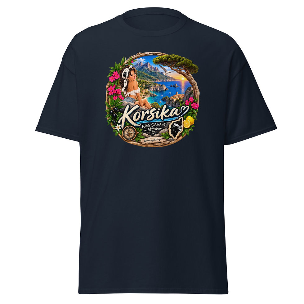 Korsika T-Shirt mit Pin-up, Berglandschaft, Mittelmeer und korsischem Mohrenkopf