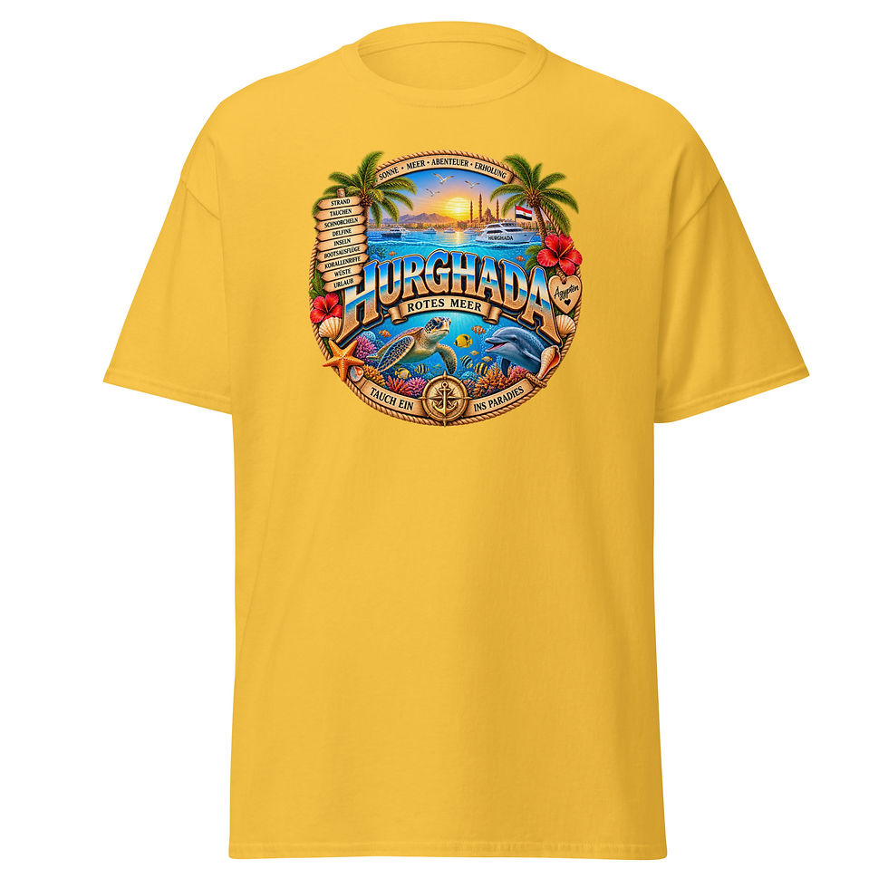 Miniaturbild: Hurghada T-Shirt Design mit Delfin, Meeresschildkröte, Korallenriff und Rotem Meer in Ägypten