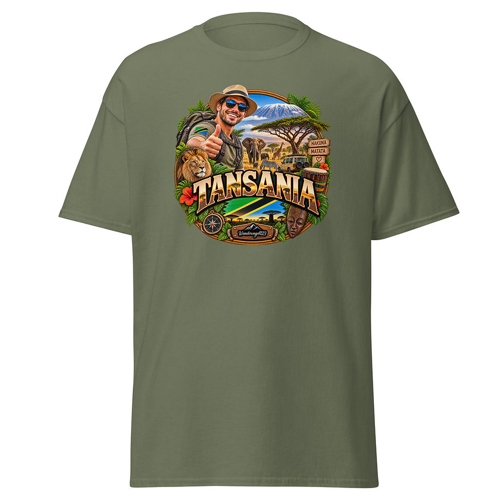 Thumbnail: Tansania T-Shirt Herren mit Urlauber, Kilimandscharo, Elefanten, Löwe, Giraffe, Zebra und Safari-Landschaft