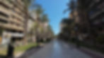 Palmengesäumte Fußgängerpromenade zwischen Wohnhäusern, zwei Menschen gehen, blauer Himmel, sonnig und ruhig.