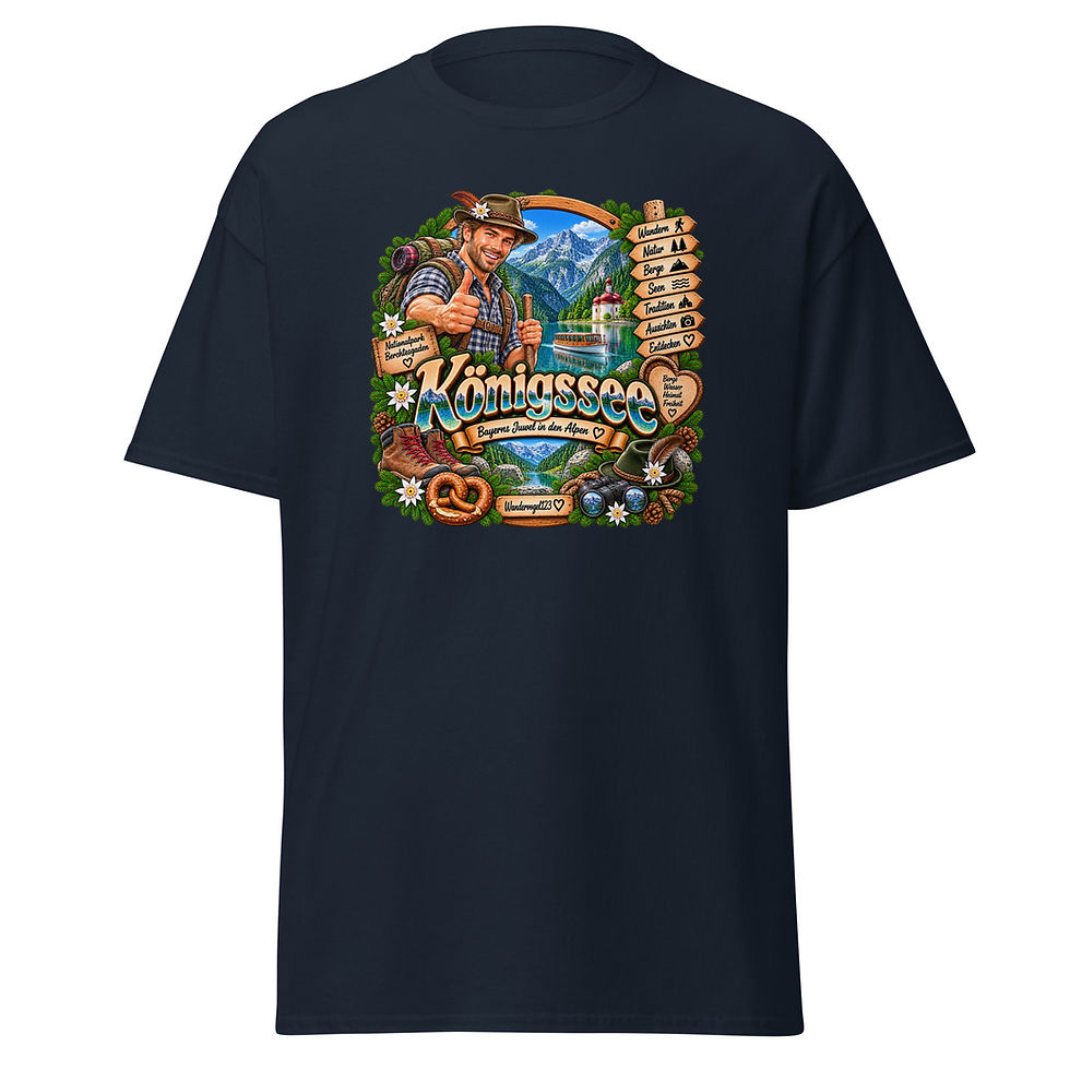 Königssee T-Shirt Design mit Wanderer, St. Bartholomä, Ausflugsschiff und Alpen