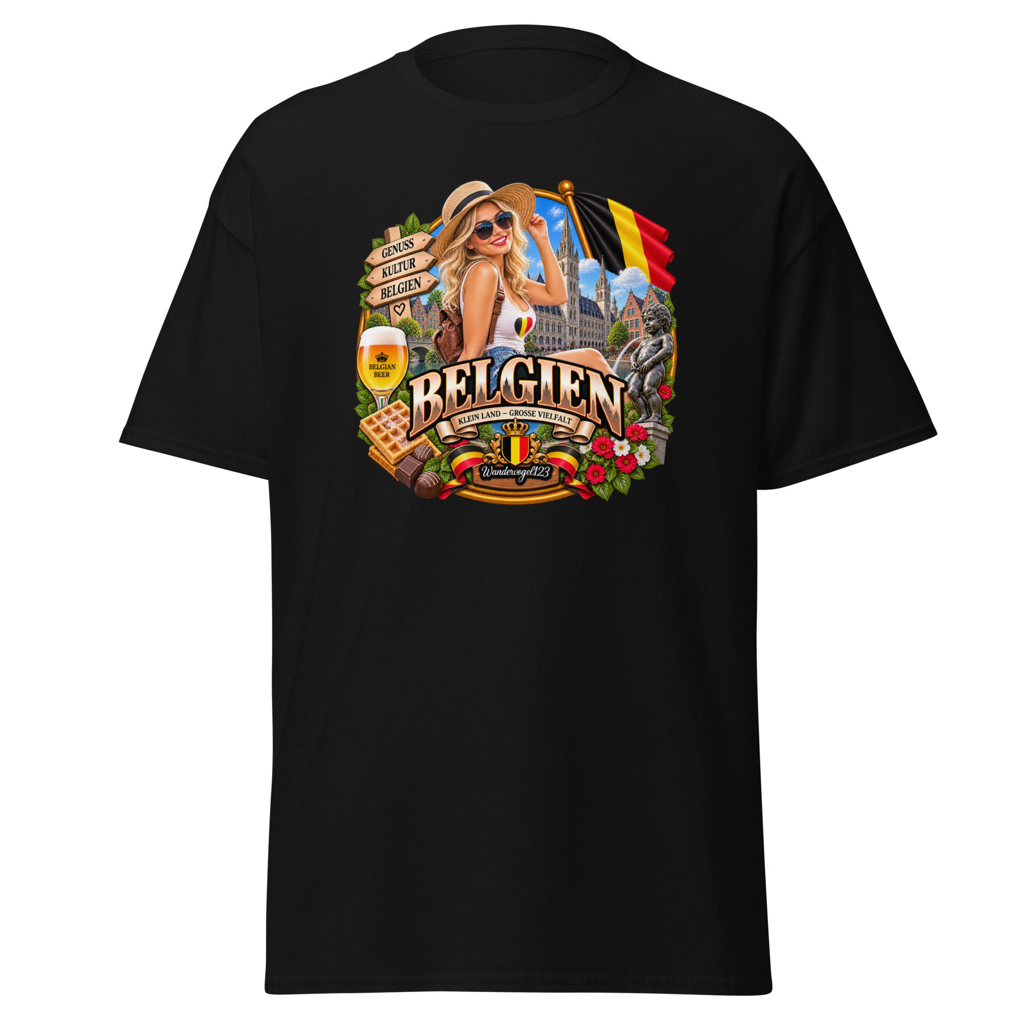 Belgien T-Shirt Damen Design mit Reisender, belgischer Flagge, historischer Stadtkulisse, Waffeln, Schokolade und Bier