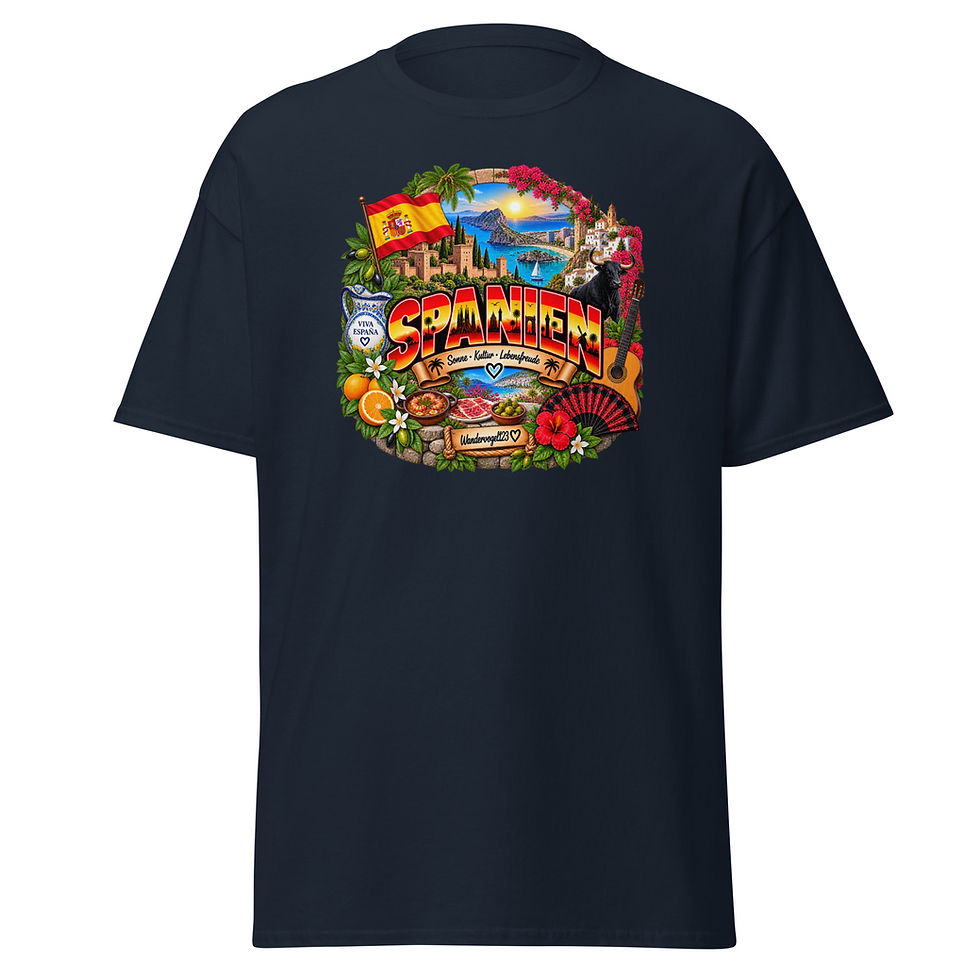 Spanien T-Shirt Design mit spanischer Flagge, Mittelmeerküste, historischen Bauwerken und mediterranen Motiven