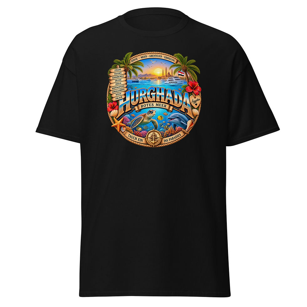 Hurghada T-Shirt Design mit Delfin, Meeresschildkröte, Korallenriff und Rotem Meer in Ägypten