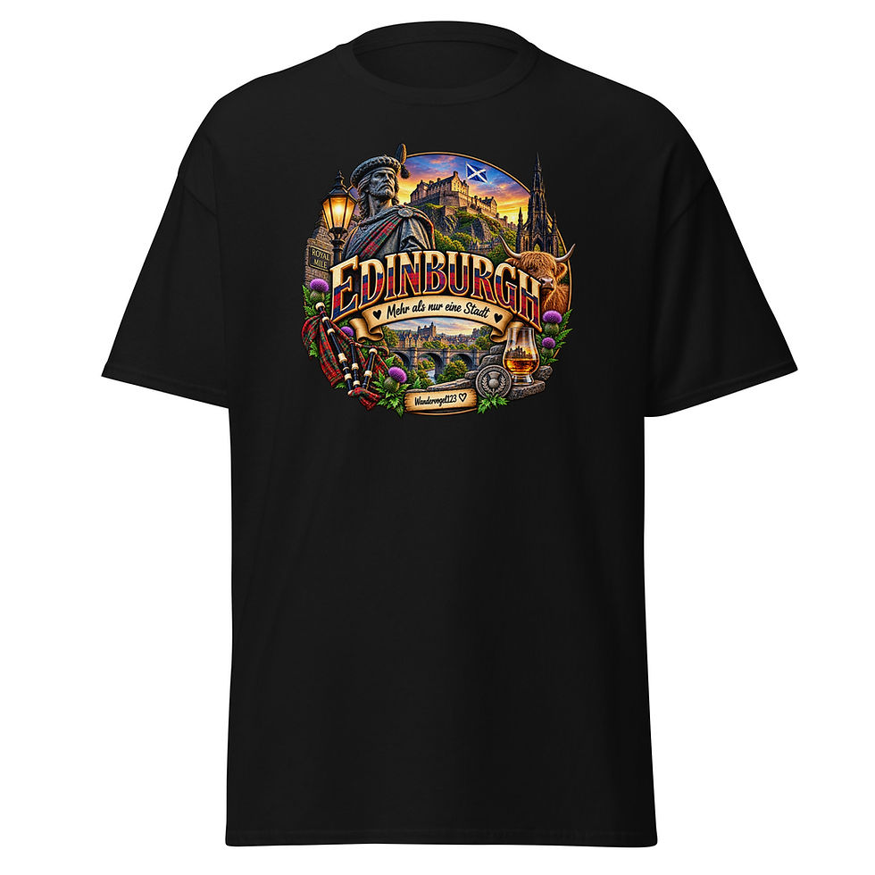 Edinburgh T-Shirt Design mit Edinburgh Castle, schottischer Figur, Highland-Rind, Dudelsack und Disteln