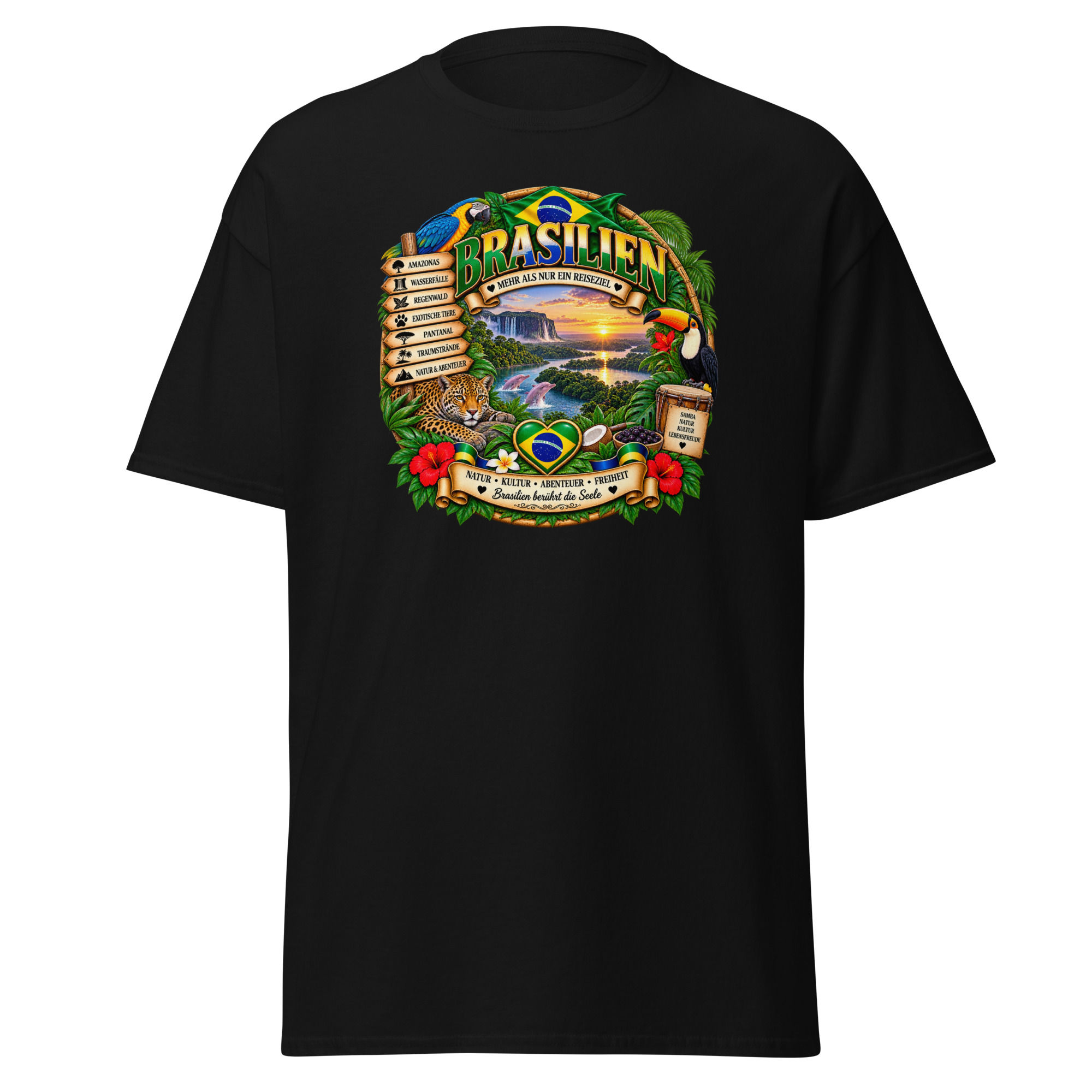 Brasilien T-Shirt Design mit Amazonas-Regenwald, Wasserfällen, Jaguar, Tukan und Ara