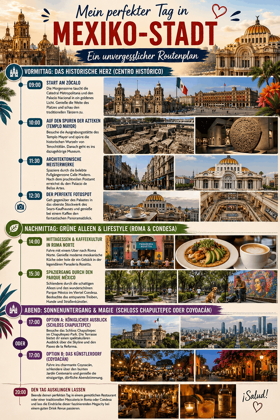 Infografik Mein perfekter Tag in Mexiko-Stadt mit Tagesplan, Sehenswürdigkeiten, Essen, Parks und Abendstimmung.