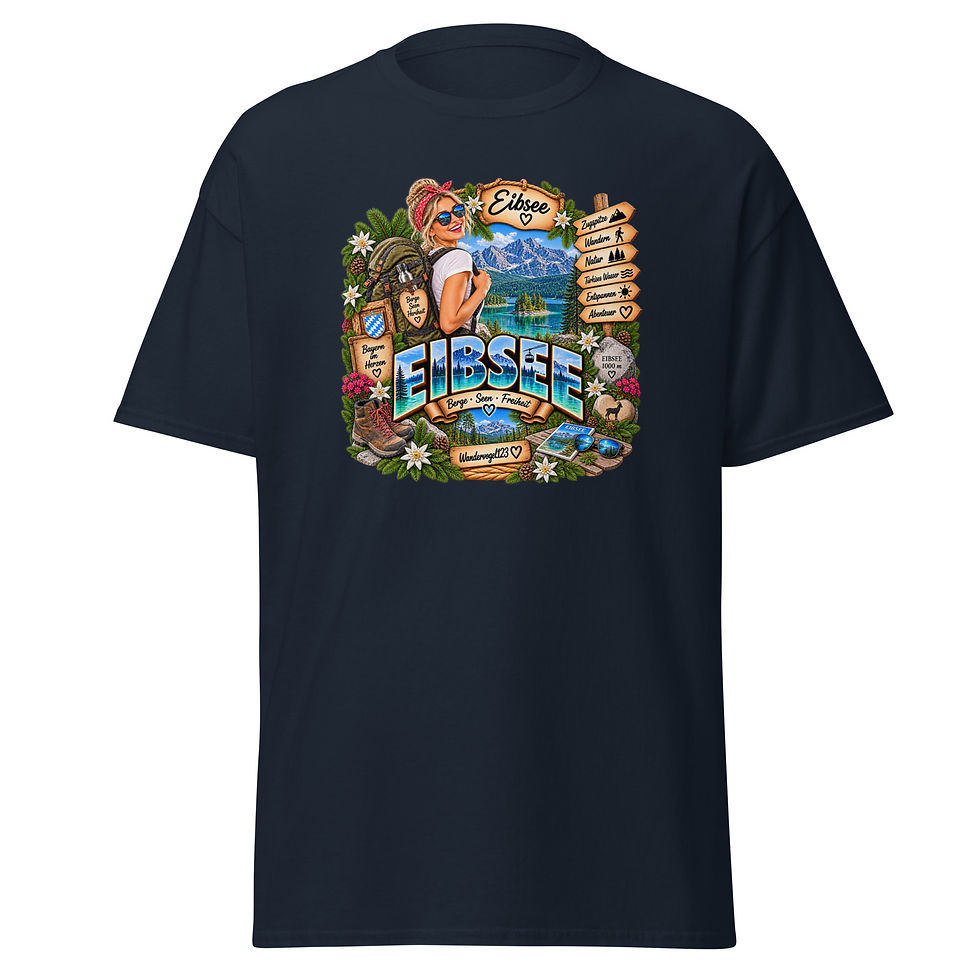 Eibsee T-Shirt Design mit Wanderin, türkisblauem Bergsee und Alpenpanorama in Bayern