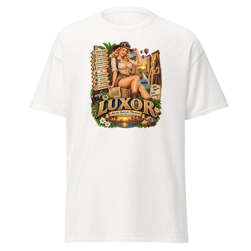 Miniatura: Luxor T-Shirt Design mit Expeditions-Pin-up, Tempeln, Nil und Pharaonen
