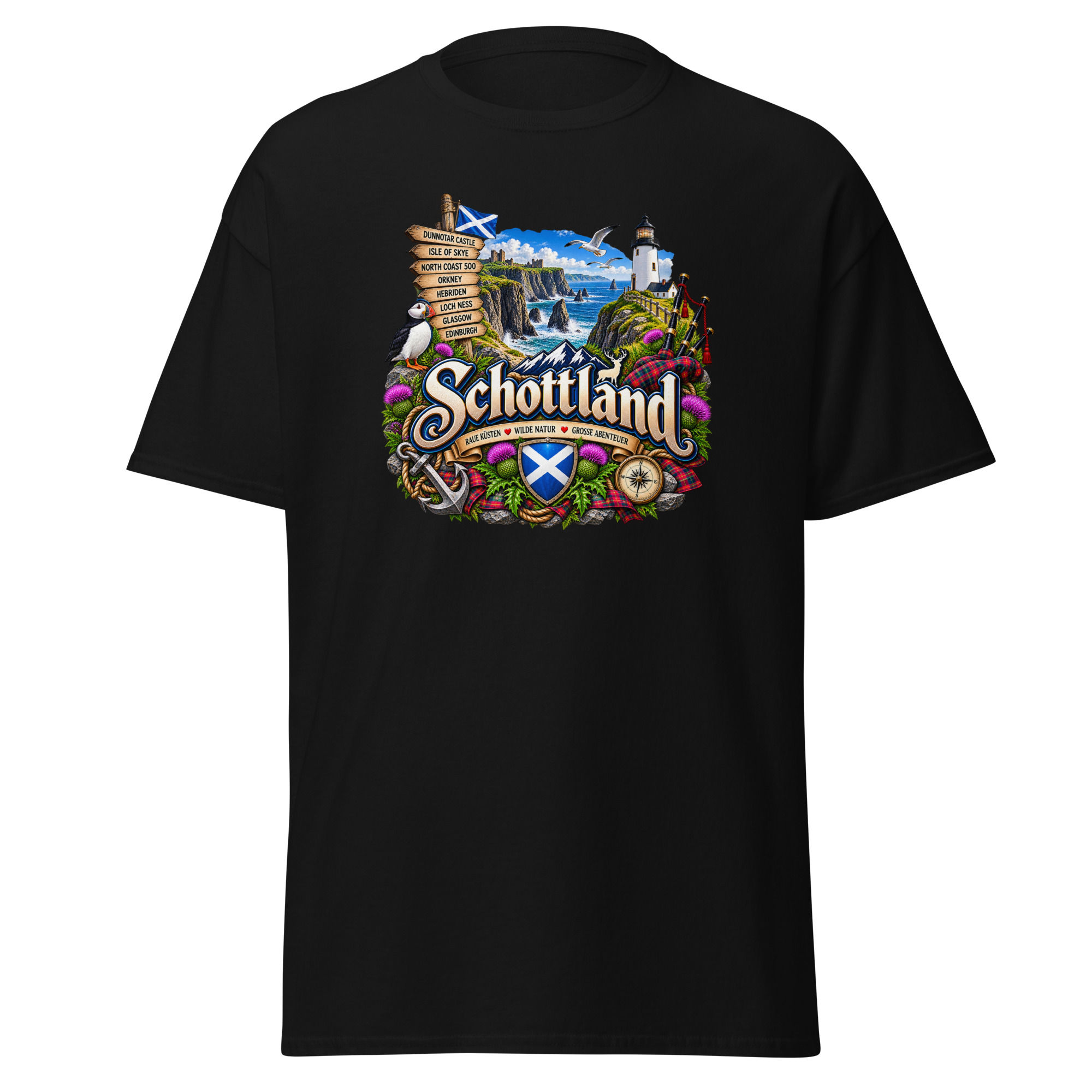 Schottland T-Shirt Design mit Küste Leuchtturm Disteln und Dudelsack