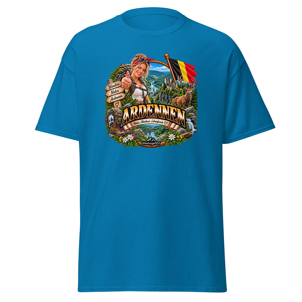 Thumbnail: Ardennen T-Shirt Design mit Wanderin, Rucksack, Hirsch, Flusstal, Wasserfall und belgischer Flagge
