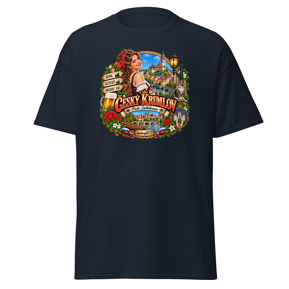 Český Krumlov T-Shirt Design mit Urlauberin, Schloss, historischer Altstadt und Moldau in Südböhmen