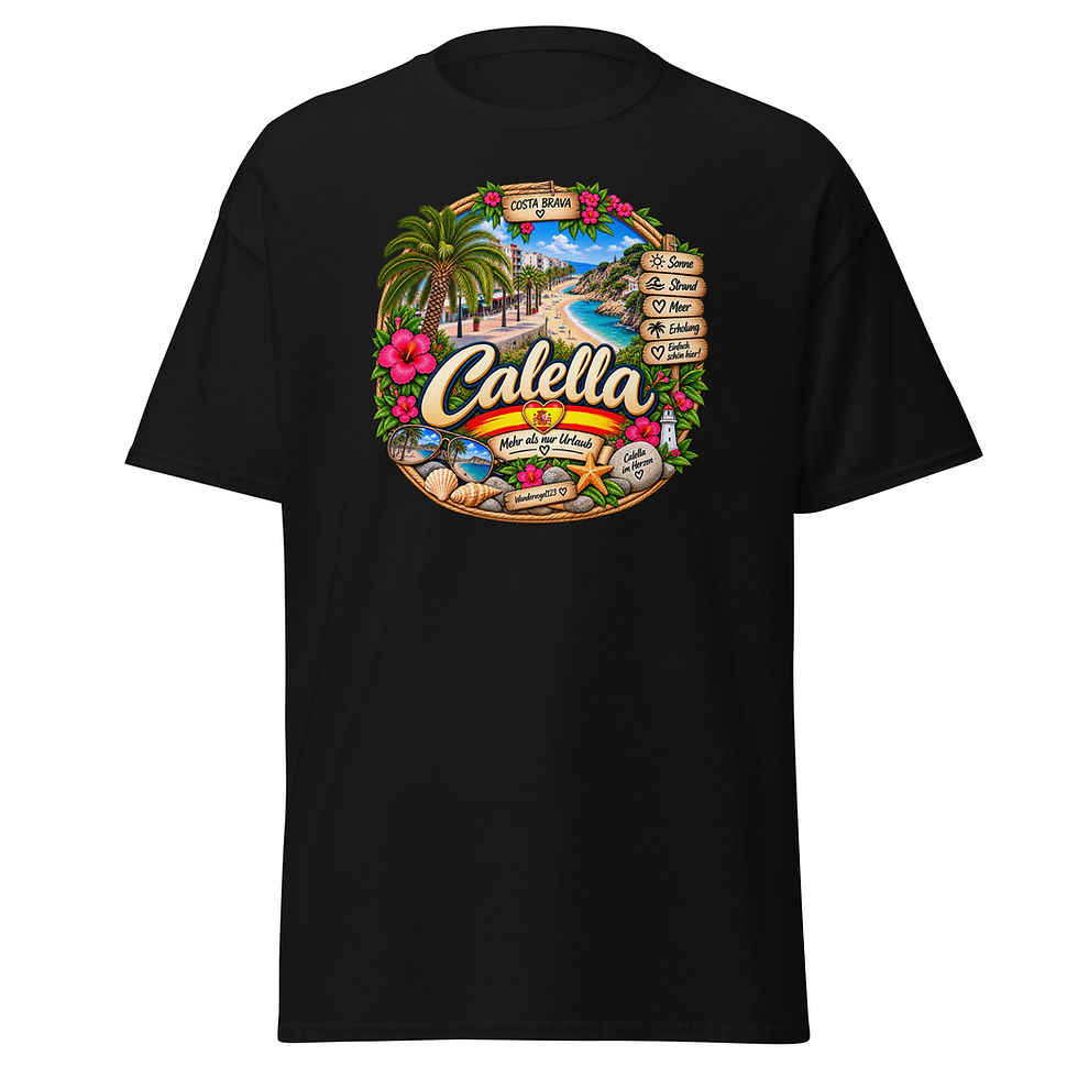 Calella T-Shirt Design mit Costa Brava Strand, Palmen, Meer und Leuchtturm