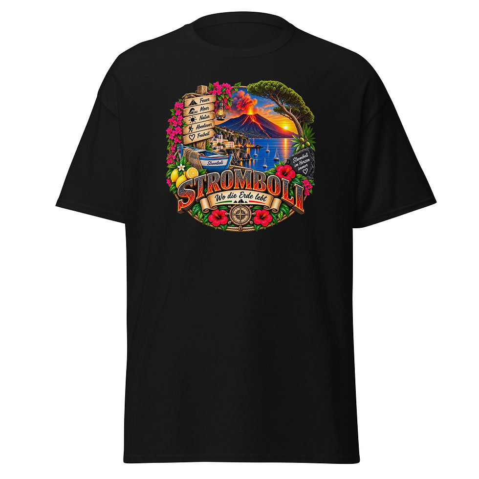 Stromboli T-Shirt Design mit Vulkan, Meer, Fischerboot und mediterraner Landschaft