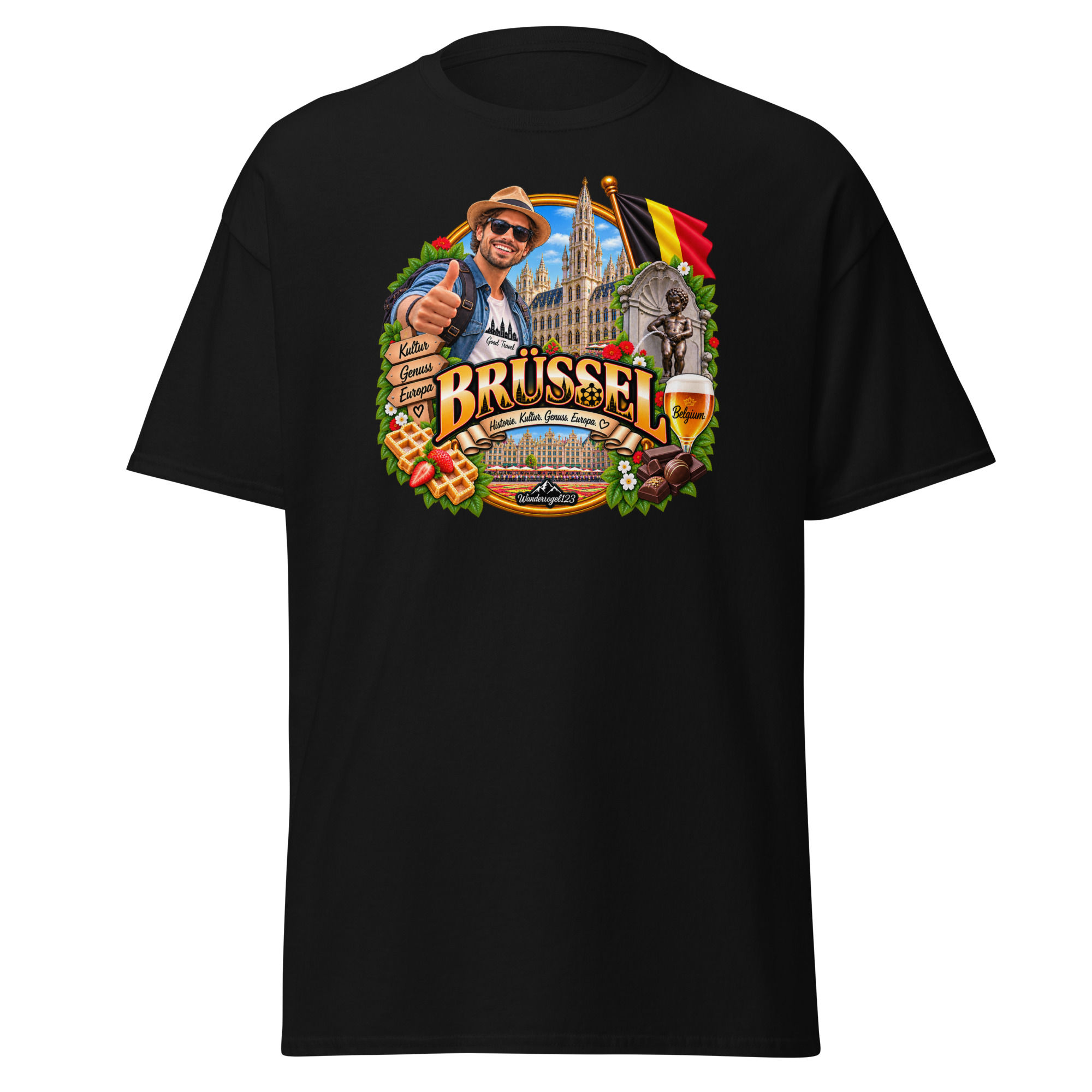 Brüssel T-Shirt Design mit Urlauber, Manneken Pis, belgischer Flagge, historischer Architektur, Waffeln und Schokolade
