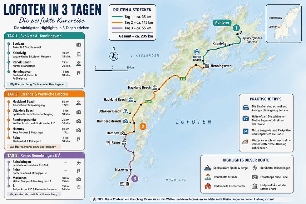 Infografik zur 3-Tage-Rundreise durch die Lofoten mit Karte, farbigen Routen, Orten wie Svolvær und Reine sowie Tipps.