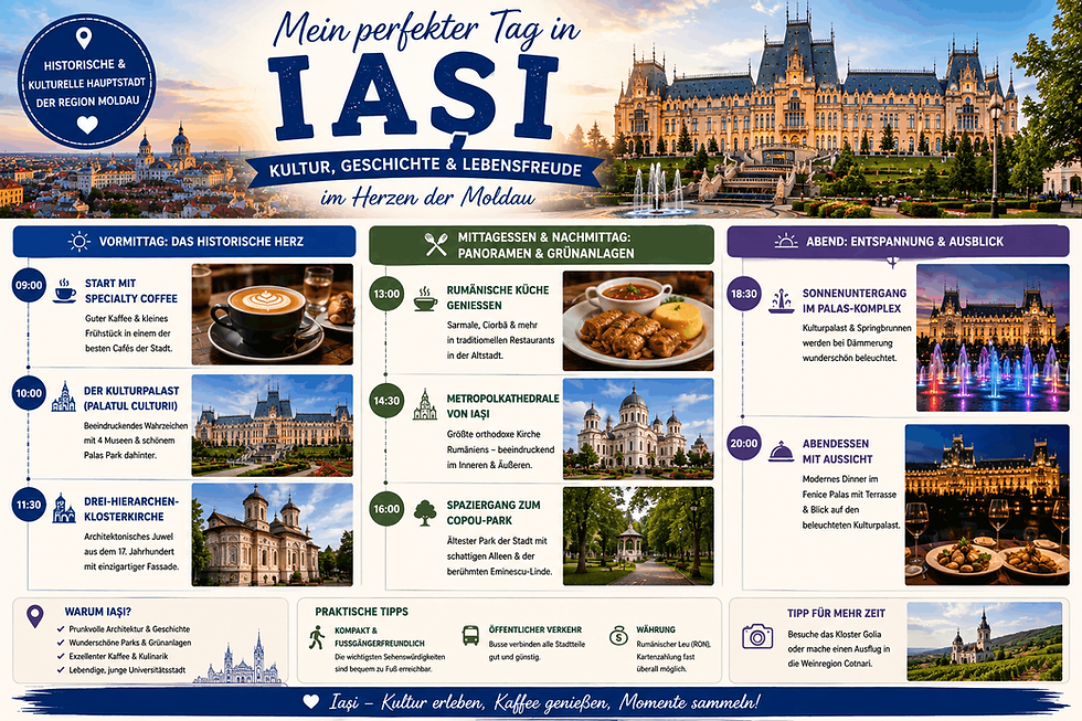 Infografik zu Iași mit Tagesplan, Kulturpalast, Kirchen, Parks, Kaffee und Abendessen bei Sonnenuntergang.