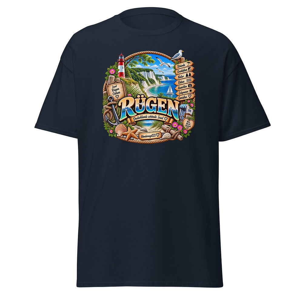 Rügen T-Shirt Design mit Kreidefelsen, Ostsee, Leuchtturm, Segelboot und Strandkorb