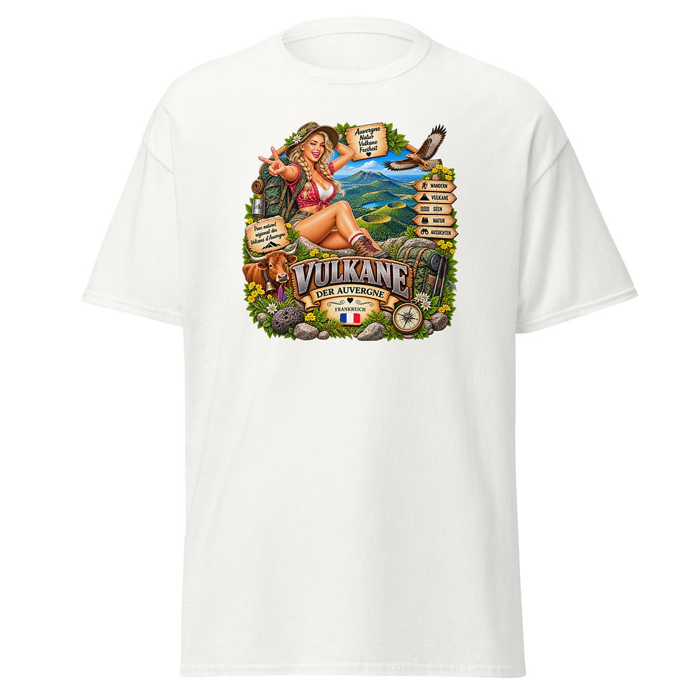 Miniaturbild: Vulkane der Auvergne T-Shirt mit Wanderin, grünen Vulkankegeln, Kraterseen und Auvergne-Rind