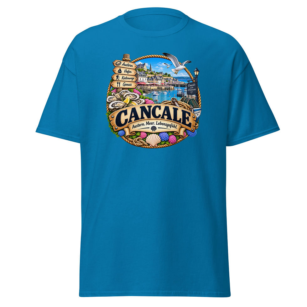 Miniaturbild: Cancale T-Shirt Design mit Austern, Hafen, Booten und bretonischer Küstenlandschaft