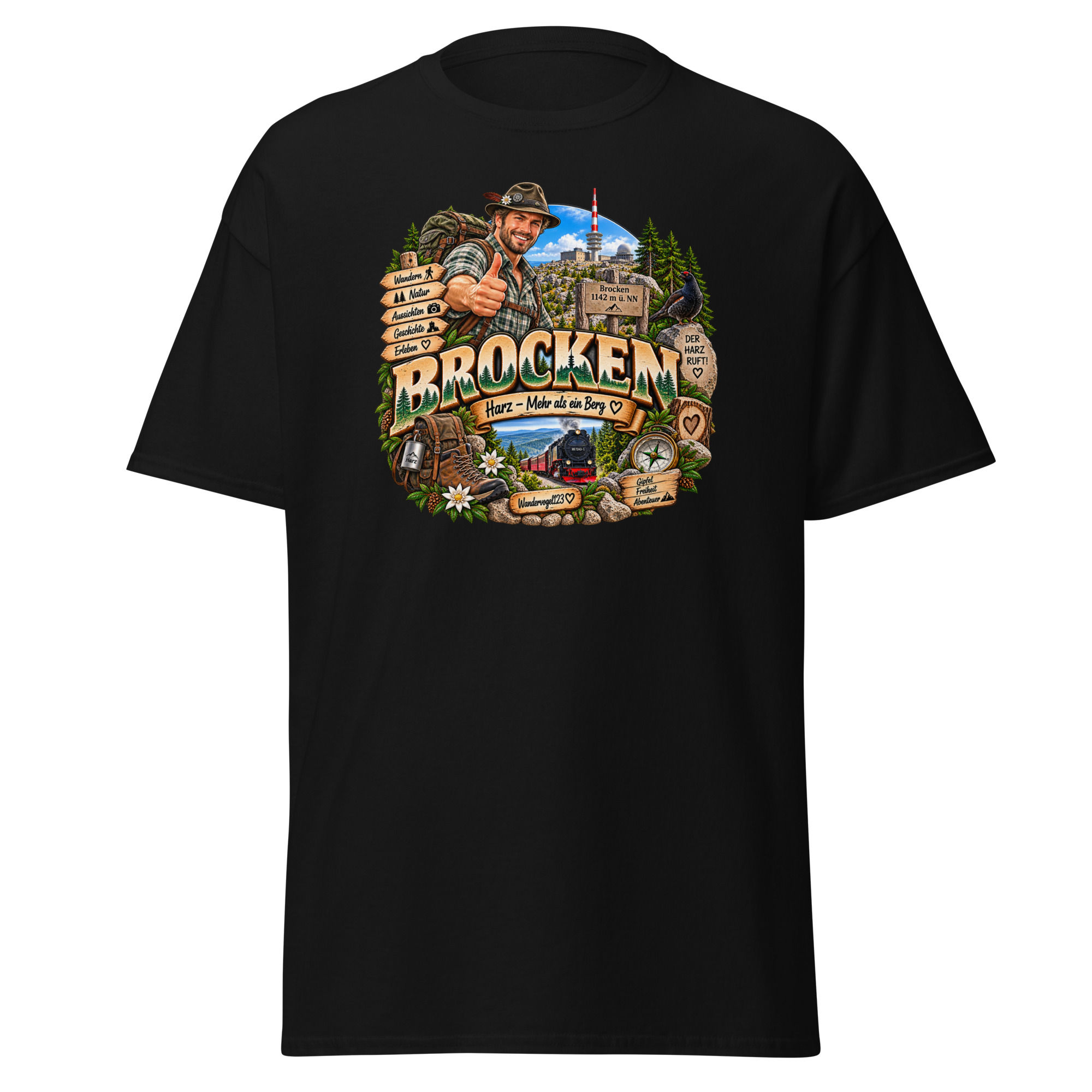 Brocken T-Shirt Design mit männlichem Wanderer, Brockenbahn und Gipfel im Harz
