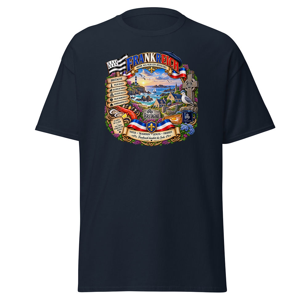 Miniaturbild: Bretagne T-Shirt Design mit Leuchtturm, Atlantikküste, bretonischem Dorf und keltischem Kreuz